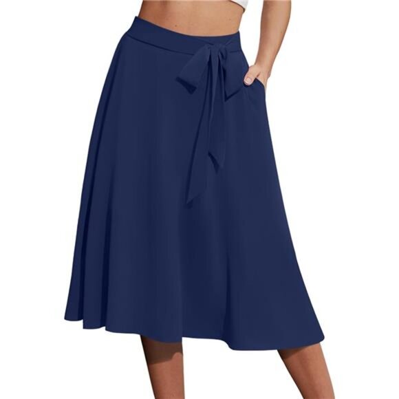 Women's A-Line Midi Skirt with Pockets High Waist Blue - Picture 1 of 3